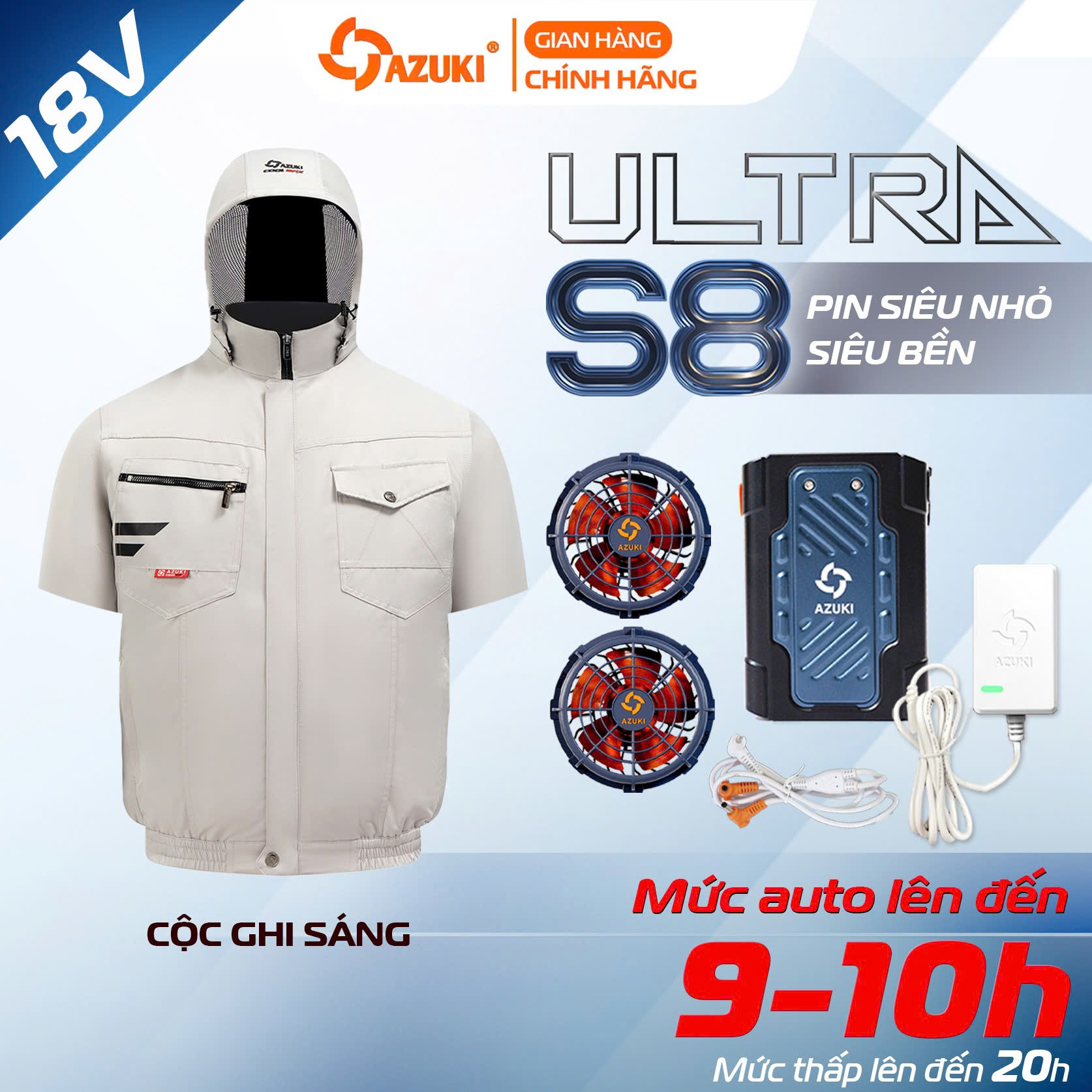 Áo điều hoà Ngắn Tay Azuki Ultra S8 Mới Nhất 2025, Pin 20000mah, Quạt 18V - Ảnh 3