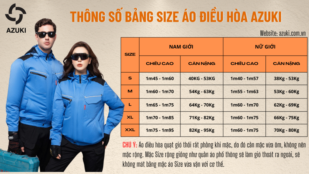 bảng size áo điều hoà Azuki Extra X10