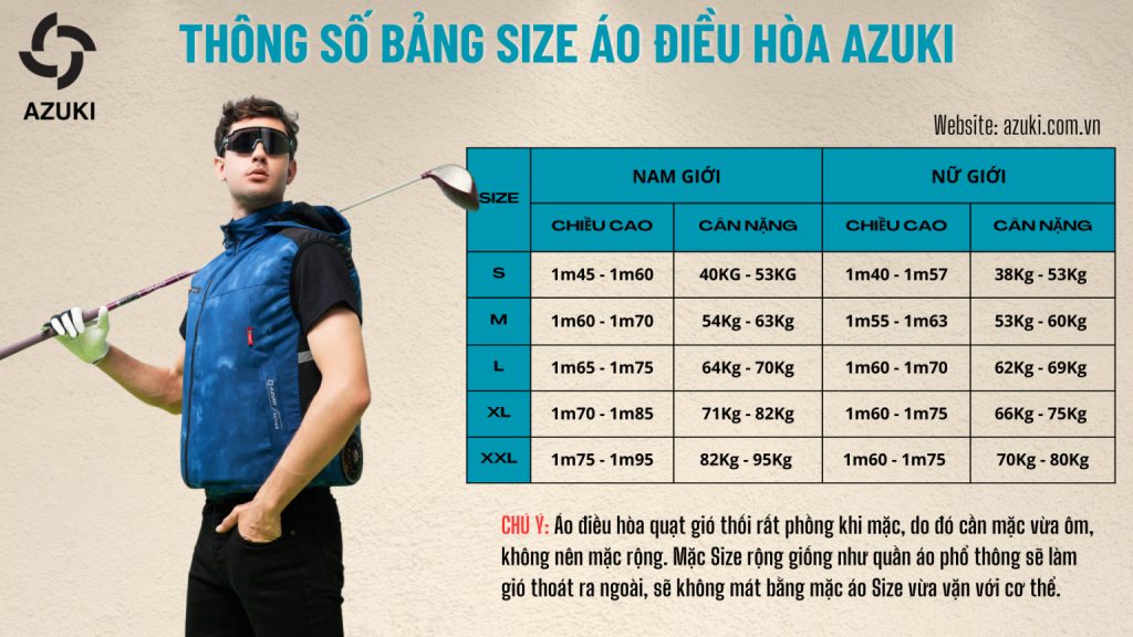 bảng size áo điều hoà gile azuki ultra s8 
